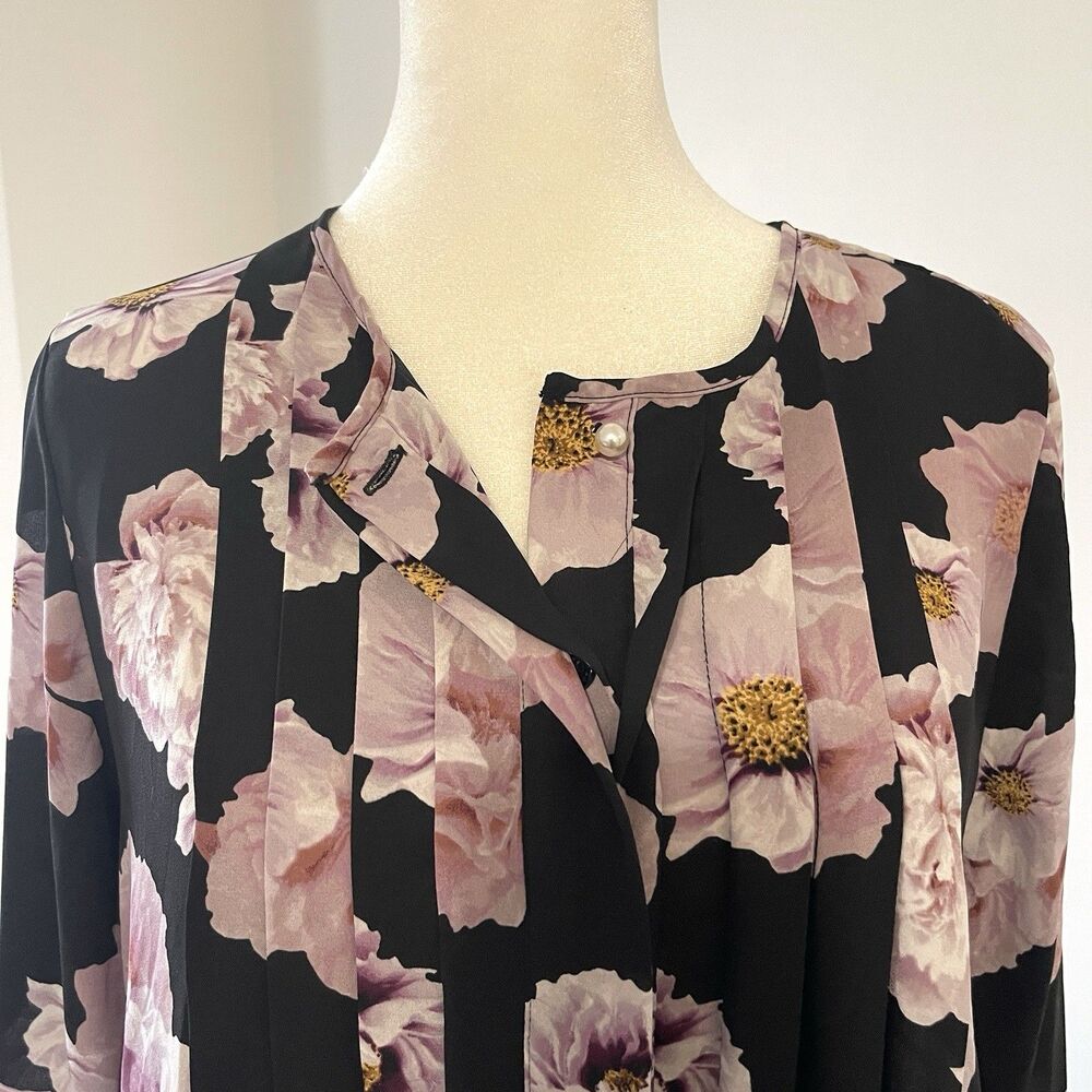 Karl Lagerfeld Top Womens Medium Black Floral Lightweight Long Sleeve Blouse - Picture 2 of 11